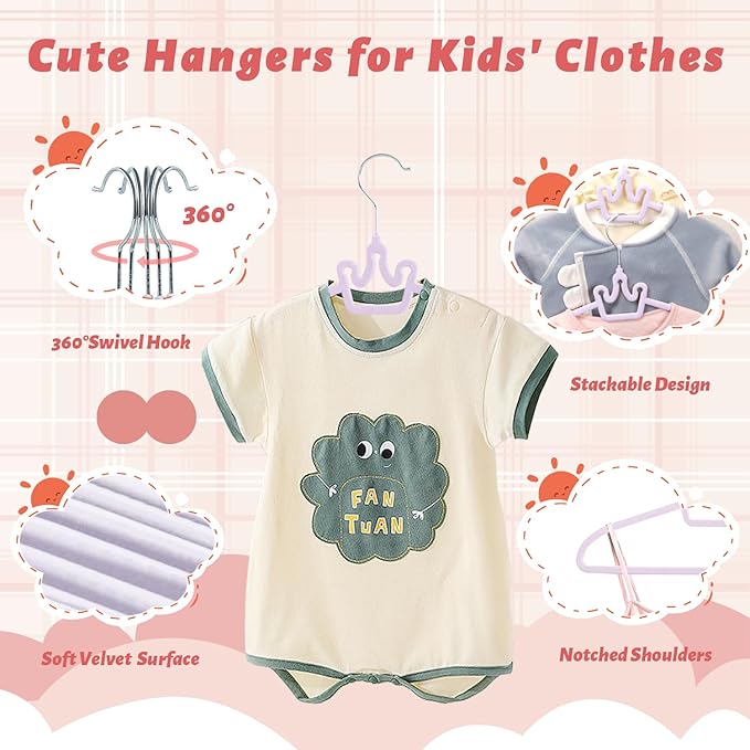 ManGotree Baby Velvet Hangers, Non-Slip Felt Kids Clothes Hanger, 12.6" Cute Crown Hanger for Closet, Space Saving Toddler Hangers for Children's Clothes (20 Pack, Purple)