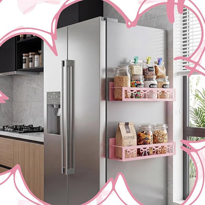 Beeveer 2 Pack Classic Bow Magnetic Spice Rack for Refrigerator Metal Magnet Basket Shelf for Fridge Seasoning Storage Organizers Home Decor Kitchen Accessories (Pink)