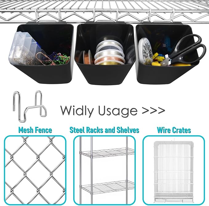 G.CORE Large Grid Wall Bins - 6Pack Black Gridwall Accessories Hanging Cups with Back Hooks - Plastic Grid Wall Panels Organizers Wire Shelves Holders for Garage Garden Craft Office Tools Storage