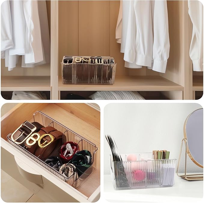 Clear Belt Organizer Extendable, 2 Pack Acrylic Belt Storage Holder with Adjustable Dividers, Belts Storage Container for Drawer and Closet Organization