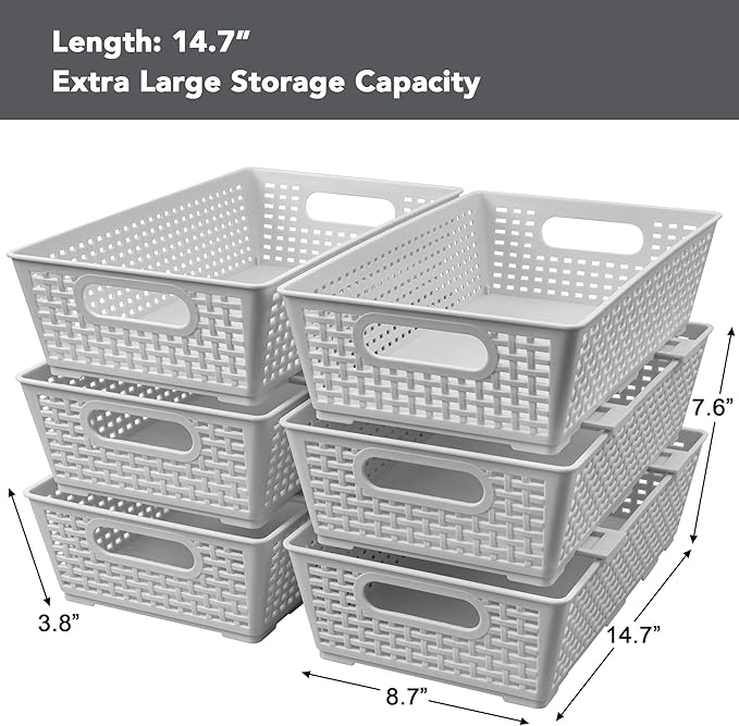 Tiawudi Stackable Woven Plastic Basket, Storage Bins for Cabinet, Closet, Shelf, Under Sink and Countertop, Pantry Organizer Bins, 6 Pack
