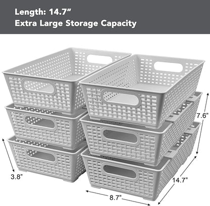 Tiawudi Stackable Woven Plastic Basket, Storage Bins for Cabinet, Closet, Shelf, Under Sink and Countertop, Pantry Organizer Bins, 6 Pack