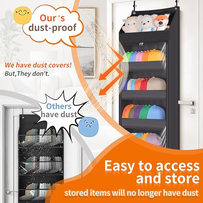 Toread 7-Layer Door-Mounted Baseball Cap Organizer, Dust-Proof Hat Rack Holds 90 Hats, Adjustable Non-Slip Hooks, Multi-Purpose Organizer for Nursery, Bathroom, Bedroom - Patented Design（black）