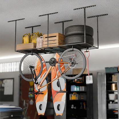 SunsGrove Heavy-Duty 4-Pack Overhead Garage Ceiling Storage Hooks, Add-On Storage Flat Hook Accessory for Hanging Bikes and More, Supports Up to 53lbs