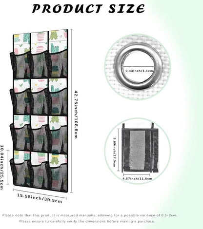 12 Large Mesh Pockets Cactus Print Over the Door Shoe Organizer Sturdy Oxford Fabric Hanging Shoe Rack for Closet Organizers and Storage