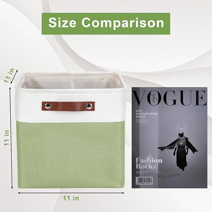 Bagnizer Collapsible Fabric Storage Cubes 11x11 Cube Storage Bins, 4 Pack Closet Baskets Box with Handles for Organizing, Shelf, Toys, Clothes, Home, Office, Nursery (Green&White)