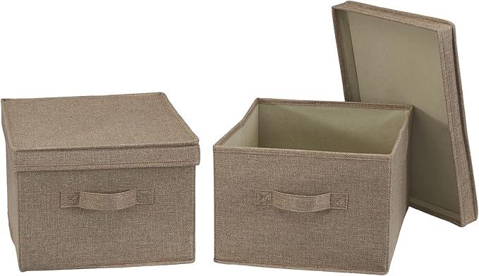 Household Essentials Large Fabric Storage Bins 2 Pack, Soft Poly Linen with Sturdy Sides, Attached Handle and Fully Removable Lid, Brown