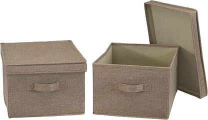 Household Essentials Large Fabric Storage Bins 2 Pack, Soft Poly Linen with Sturdy Sides, Attached Handle and Fully Removable Lid, Brown