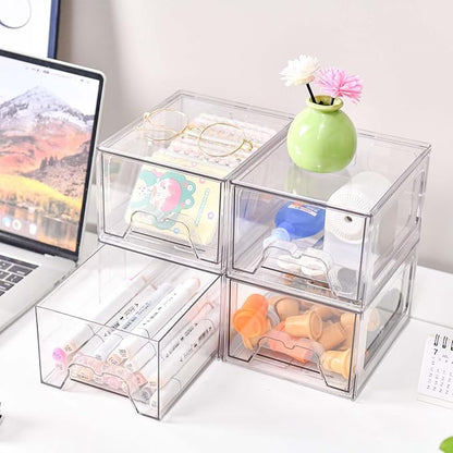 Stebopum 4 Pack Stackable Makeup Organizer, 4.4'' Tall Acrylic Bathroom Makeup Organizer and Storage Drawer with Pull-out Handle, Clear Plastic Storage Bins for Vanity,Pantry,Desk,Undersink,Kitchen