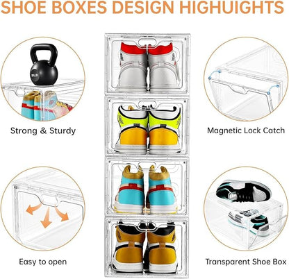 INSTY 12 Pack Large Shoe Storage Box, Clear Shoe Storage Organizer with Magnetic Door, Stackable,Shoe Containers For Display Sneakers, Easy Assembly, Fit up to US Size 12, Clear