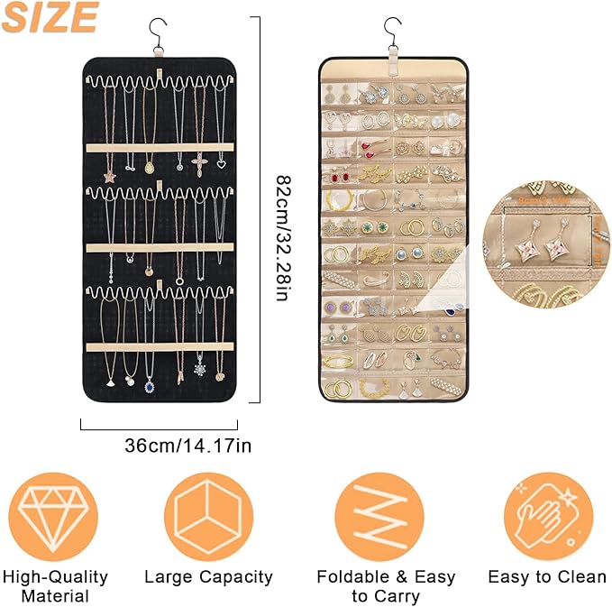 Tefola Hanging Jewelry Organizer, Double-Sided Necklace Organizer Jewelry Holder Organizer for Earrings, Necklaces Rings, Glasses, Sunglass Organizer for Closet, Wall, Door (Black, Large Size)