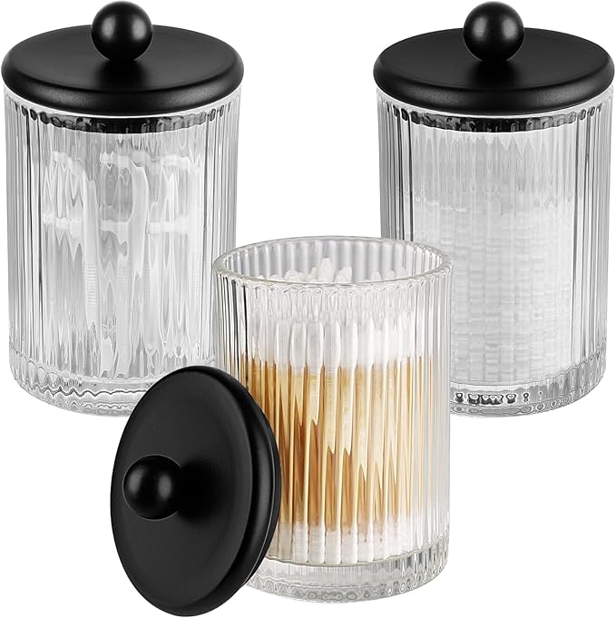 3Pack Glass Qtip Holder Dispenser Set - Bathroom Canister Storage Organizer for Cotton Balls, Swabs, Floss Picks, and Makeup Sponges with Matte Black Metal Lid - Clear Vanity Apothecary Jars