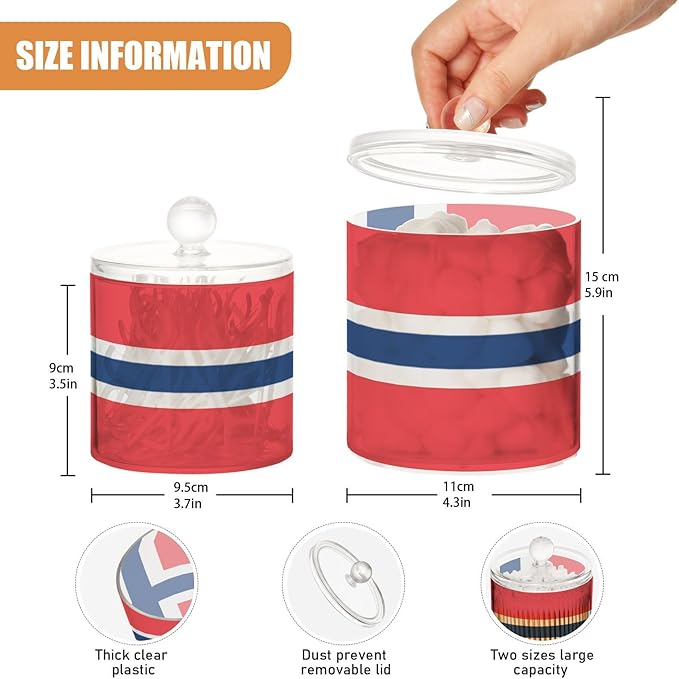 DOMIKING Norway Flag 2 Pack Bathroom Canisters Cotton Swab Holder Dispenser Plastic Cotton Ball Jar Acrylic Storage Containers for Floss Cotton Ball Makeup Sponges
