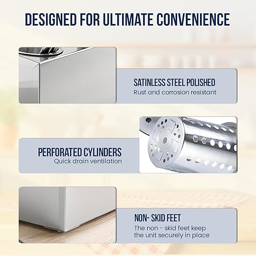 OCS Parts 3-Compartment Silverware Display Holder | Stainless Steel Cylinders | Stainless Steel Kitchen Caddy Utensil Holder with Perforated Cylinders for Home Kitchens, Restaurants and Buffets