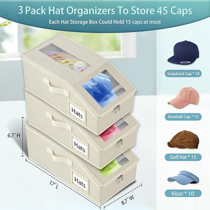 Stackable Hat Storage for Baseball Caps, 3 PCS Hat Storage Boxes for Closet, Holds up to 45 Caps with Cardboard, Hat Organizer for Women & Men (Two Clear Window) (Beige 3-Pack)