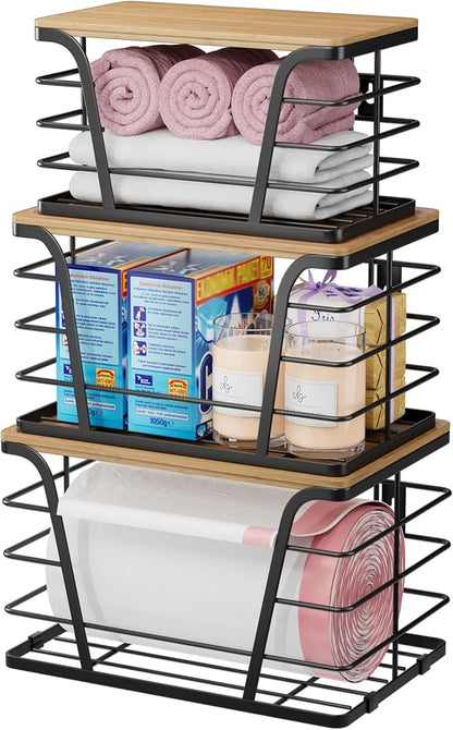 TIDIIABODE 3 Pack Stackable Pantry Organizer, Trash Bag Dispenser Under Sink, Kitchen Organization and Storage, Kitchen Counter Organizer, Black