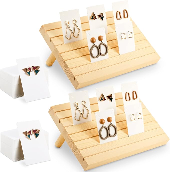 Marsui 62 Pcs Wood Earring Display Stand Earring Card Display 2 Sets of Holder with Cards Jewelry Stands for Selling