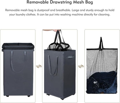 DOKEHOM 90L X-Large Laundry Basket with Removable Wash Bag on Wheels, Collapsible Rolling Laundry Hamper, Foldable Clothes Organizer, Folding Washing Bin (Grey)