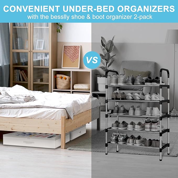 Under Bed Shoe Storage Organizer for Closet, 32 Pairs Sturdy Underbed Shoe Storage Boxes Bins Container Foldable Shoes Storage with Reinforced Handles & Clear Window for College Dorms Beige, Set of 2