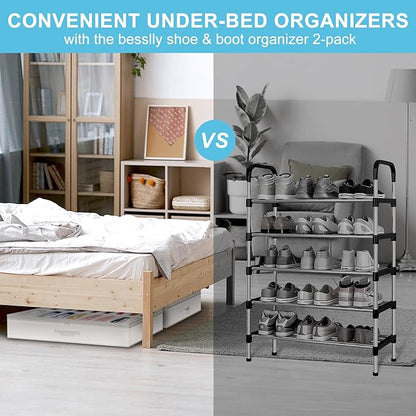 Under Bed Shoe Storage Organizer for Closet, 32 Pairs Sturdy Underbed Shoe Storage Boxes Bins Container Foldable Shoes Storage with Reinforced Handles & Clear Window for College Dorms Beige, Set of 2