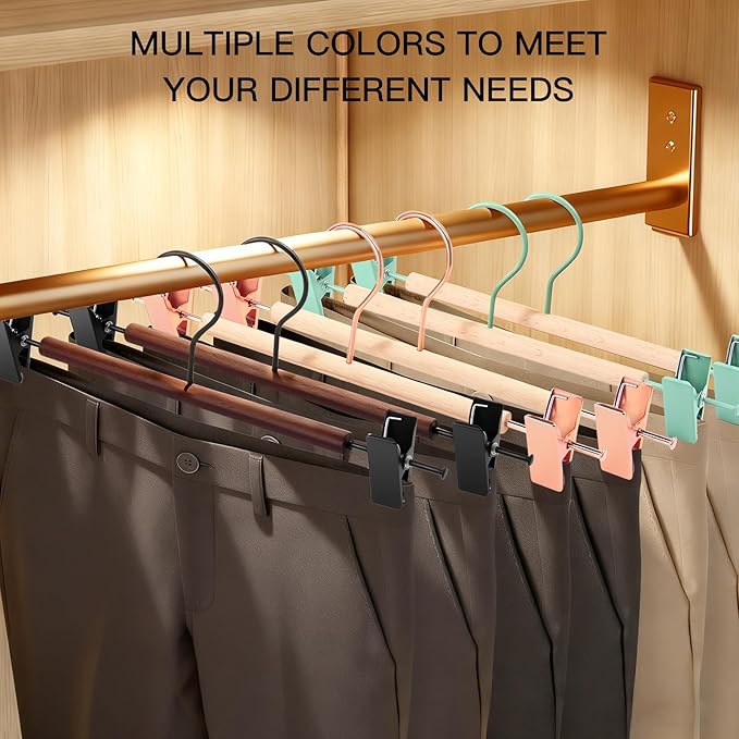 Wooden Pants Hangers with Clips 12 Pack, Heavy Duty Adjustable Clip Non Slip Skirt Hanger for Jeans, Trousers, Short, Clothes, Space Saving Closet Organizer (Green, 12 Pack)
