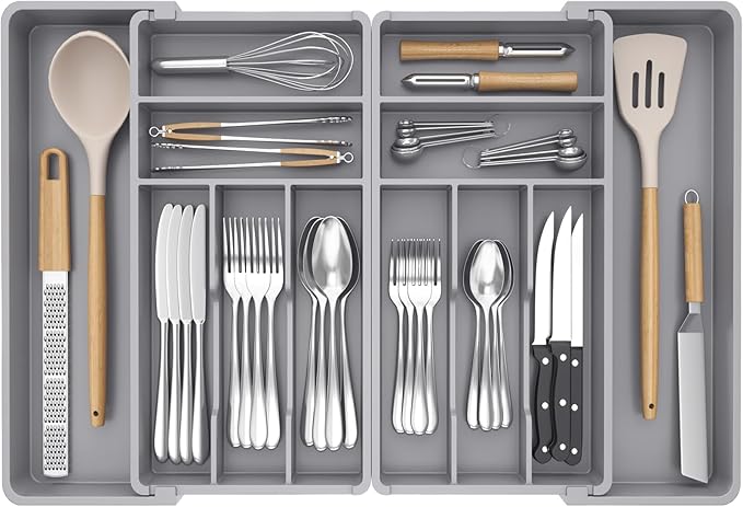 Lifewit Silverware Drawer Organizer, Expandable BPA Free Plastic Utensil Tray for Kitchen, Adjustable Flatware Cutlery Holder for Spoons Forks Knives, 18- 28 x 16.7", Gray