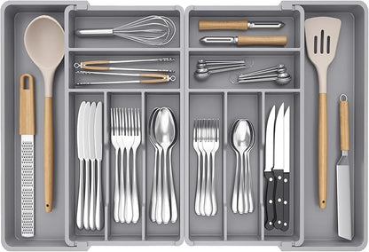 Lifewit Silverware Drawer Organizer, Expandable BPA Free Plastic Utensil Tray for Kitchen, Adjustable Flatware Cutlery Holder for Spoons Forks Knives, 18- 28 x 16.7", Gray