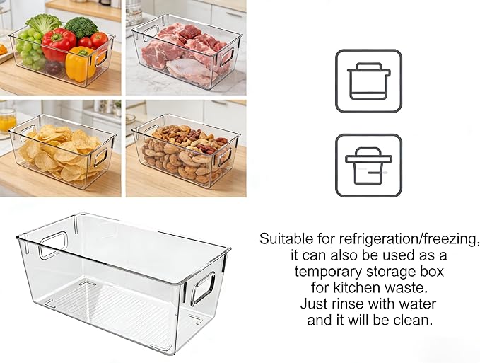 4 Pack Clear Plastic Storage Bins with Handles, Stackable Organizer Containers for Pantry, Fridge, Cabinet, Bathroom, Closet, Under Sink, Kitchen Organization,M