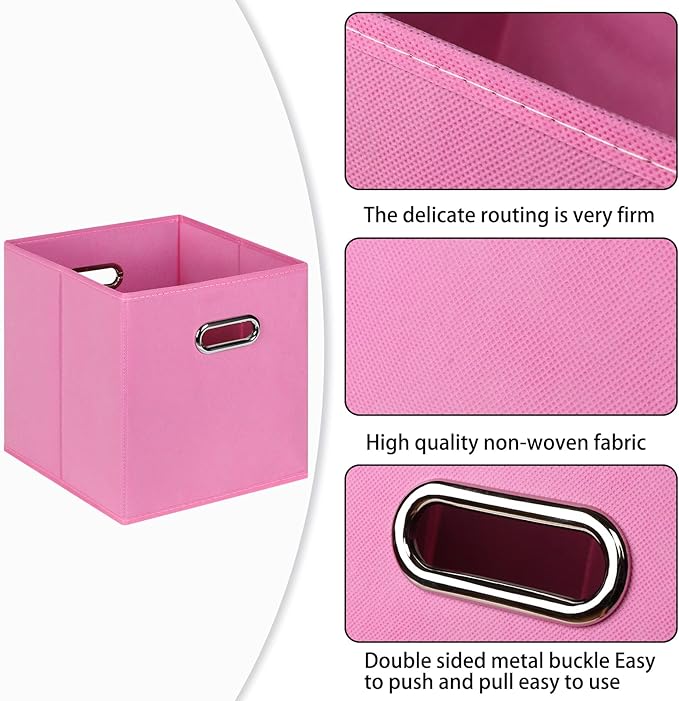 Fabric Cloth Storage Bins,Fabric Cube Bins Organizer with Dual Handles Foldable Cube Storage Baskets for Home Bedroom Storage,Set of 6,(Pink)