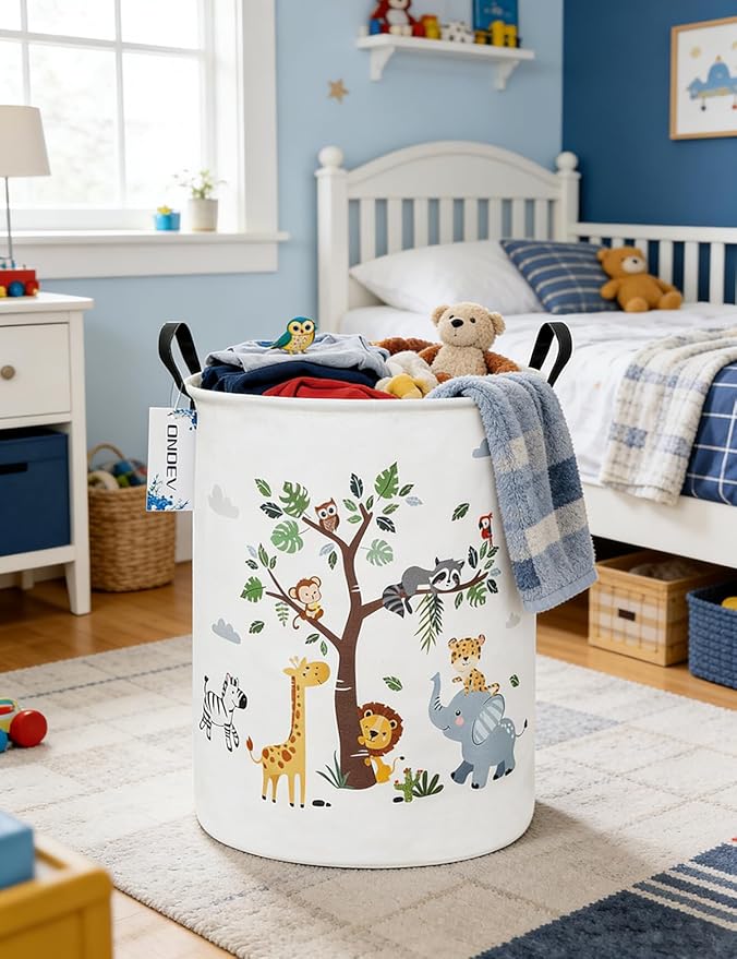 Round Animal Laundry Basket,Collapsible Laundry Hamper for Nursery,Cute Jungle Animal Toy Storage Bin for Kids,Waterproof Storage Basket for Home,Bedroom,Playroom,New Parent Gift (Tree Animals)