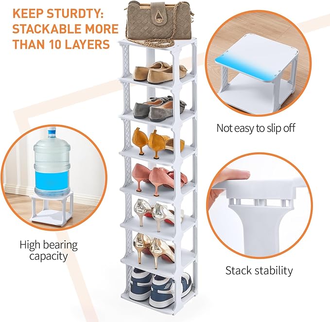 5 Tiers Vertical Shoe Rack, Narrow Free Standing Shoe Storage Organizer for Entryway and Small Closet, Stackable Shoe Holder Shelf Stability DIY, Grey
