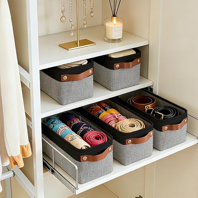 Bagnizer Small Fabric Storage Baskets, 15x6x5 inch Narrow Storage Bins 4-Pack Long Storage Basket for Organizing with Handles, Decorative Basket for Closets, Shelves, Toilet Paper, Grey
