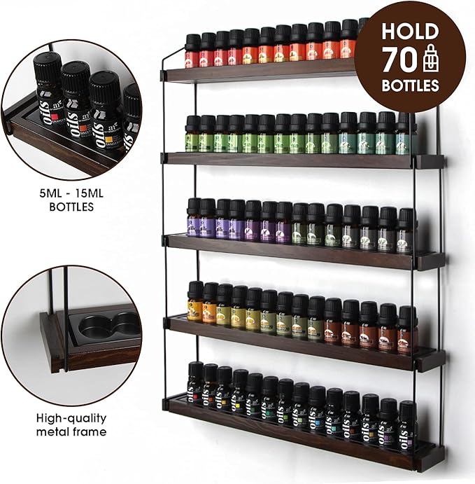 J JACKCUBE DESIGN Essential Oils Display Shelves Wall Mount Black Metal and Wood, Nail Polish Paint Holder Rack Organizer Holds 70 Bottles (5 Tier) : MK482A