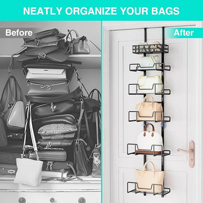 HapiRm Over Door Purse Organizer - Adjustable Purse Storage Rack with Bags Design Metal Basket, Wall Mounted Handbag Organizer, Hanging Handbag Holder, Can Use As 1/2 Part Detachable