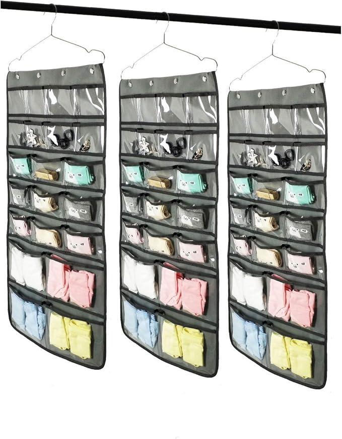 NIMES Hanging Closet Underwear Sock Bra Organizer Dual-Sided Accessories Storage With 42 Clear Pockets (GREY)