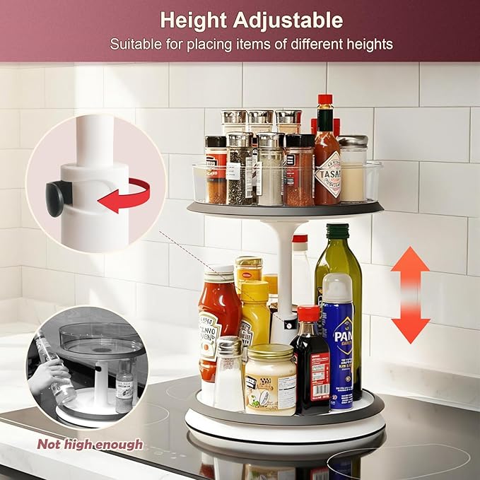 Ynelyase 2 Tier Lazy Susan Organizer Clear Turntable for Cabinet Bathroom Countertop and Pantry with Large Spice Rack (11 Inch, White)