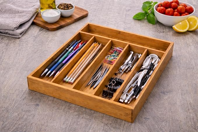YBM HOME Bamboo Cutlery Tray Flatware Silverware Drawer Organizer with 5 Compartments, 338