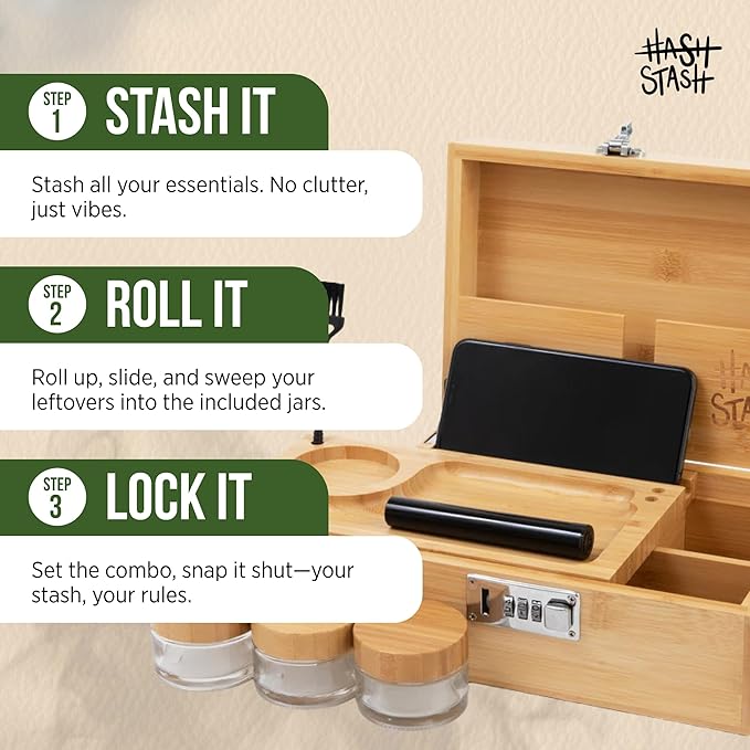 The OG Storage Box - Large Bamboo Box with Combination Lock, Magnetic Lid, Organizer Tray, Airtight Tube and 3 Smell-Proof Jars - Discreet Decorative Locking Wooden Box with Accessories (Wood/Silver)