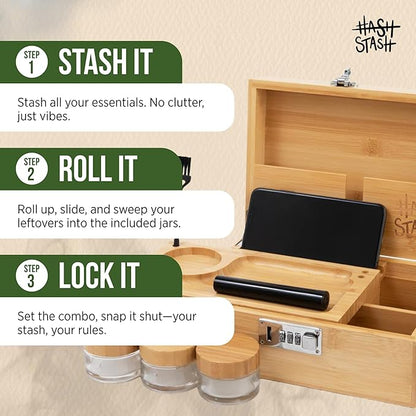 The OG Storage Box - Large Bamboo Box with Combination Lock, Magnetic Lid, Organizer Tray, Airtight Tube and 3 Smell-Proof Jars - Discreet Decorative Locking Wooden Box with Accessories (Wood/Silver)