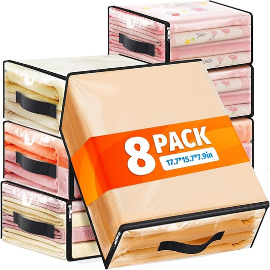 SpaceWhisper 8 Pack Clear Storage Bags, Plastic Blanket Storage Bags with Zipper and Handle, Moving Bags for Comforter, Bedding & Clothes, Closet Organizer and Under Bed Storage (17.7x15.7x7.9 Inch)