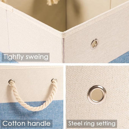 PRANDOM Large Foldable Cube Storage Bins 13x13 inch [2-Pack] Fabric Linen Storage Baskets Cubes Drawer with Cotton Handles Organizer for Shelves Nursery Closet Bedroom Beige/Blue