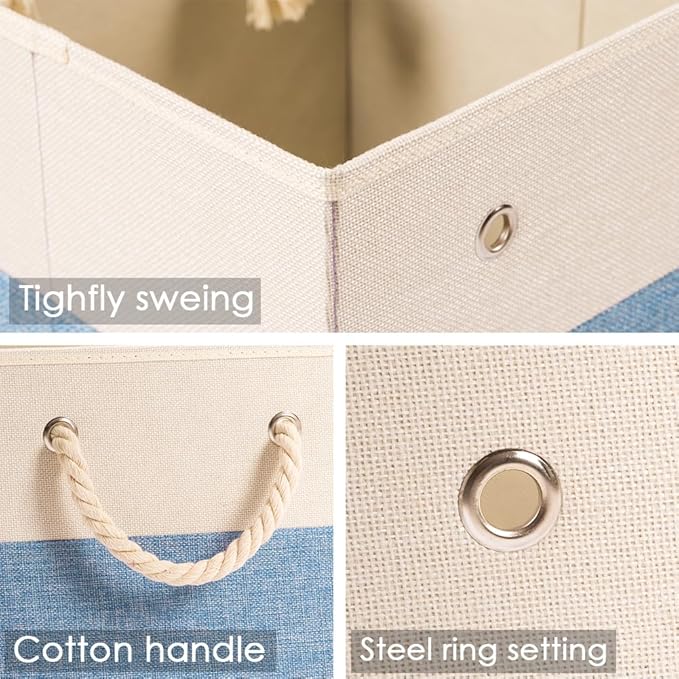 PRANDOM Large Foldable Cube Storage Bins 13x13 inch [4-Pack] Fabric Linen Storage Baskets Cubes Drawer with Cotton Handles Organizer for Shelves Nursery Closet Bedroom Beige/Blue