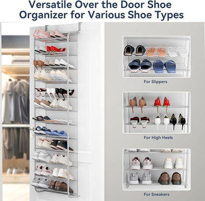 Whitmor 36 Pair Over The Door Shoe Organizer, 12 Tier Hanging Shoe Organizer, Heavy Duty Metal & Mesh Shoe Holder, Hanging Shoe Rack for Closet Organizer & Storage, 74"L x 21.7"W x 7.5"H, Grey