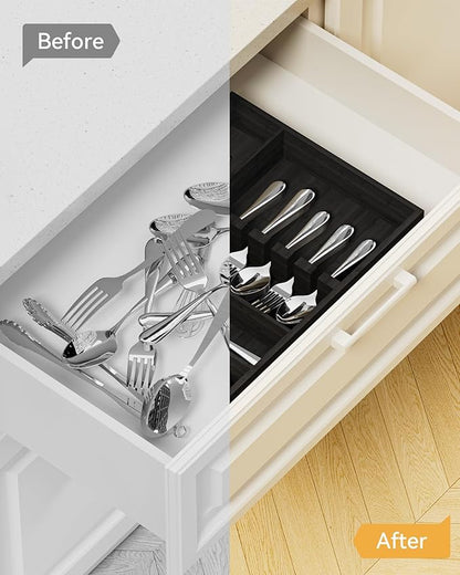 Yofidra ofidra Bamboo Silverware Organizer, 16.3″x12.24″x2.6″ Kitchen Utensil Drawer Organizer, Silverware Tray for Drawer with Fixed Slots for Spoons, Forks & Knives, Black