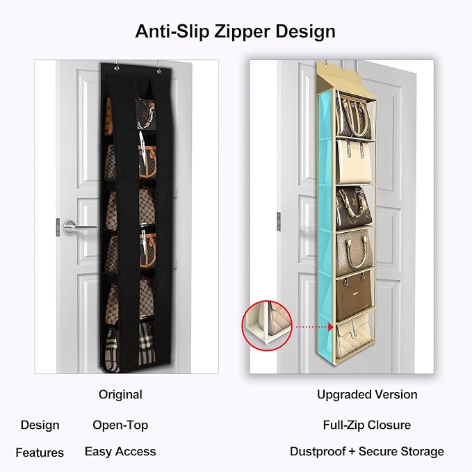 Lirex Over The Door Purse Organizer & Purse Shelf for Closet – Handbag Storage Organizer with Purse Hanger. Perfect for Scarves, Hats, and Leggings. L (15.7'' x 5.7'' x 68''), Khaki