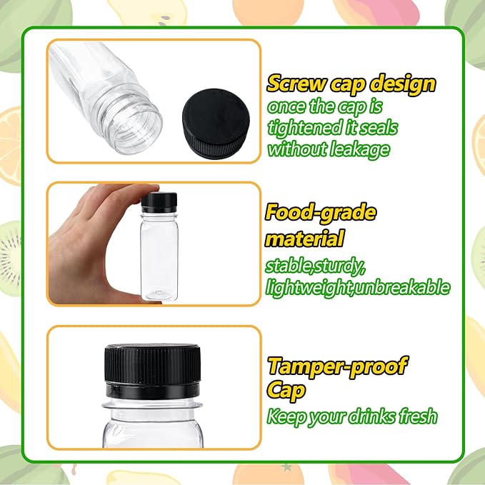 30PCS 2oz Small Plastic Shot Bottles with Caps,Reusable Clear Juice Containers,Empty Plastic Containers with 10 Funnels for Ginger Shots,Liquids,Beverages