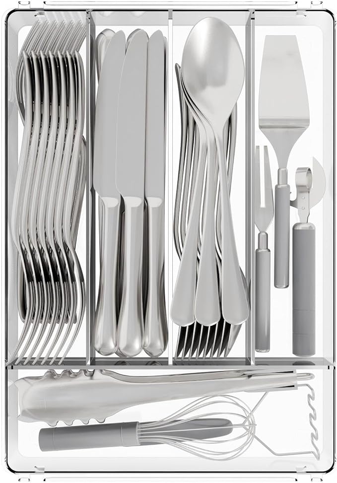 Yieach Clear Small Silverware Organizer 9 inch Wide for Kitchen Drawers,BPA Free Silverware Trays and Plastic Silverware Dividers & Holder,Utensil and Flatware Drawer Organizer Suitable for Fork,Spoon