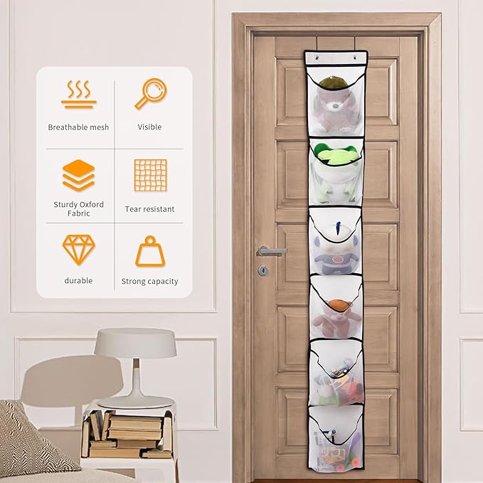 GOMAJI 6 Large Breathable Mesh Pockets, Over The Door Shoe Organizer, Boots Hanging Storage Shoe Rack for Closet, Accessories - - White