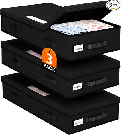 StoreHappily Under Bed Storage Containers with Lids - 3 Pack, Foldable and Stackable Clothes Storage Bags with Clear Window, 3-Sided Handles and Label Slot for Clothing, Blankets, Pillows (Black)