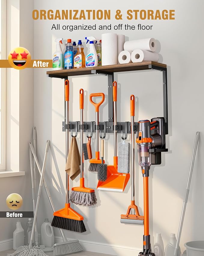 Supforce Broom Holder Wall Mount with Top Wooden Shelf, Heavy Duty Metal Cleaning Supplies Broom Hanger with Vacuum Organizer and 5 Slots & 5 Hooks for Laundry Garage Tool Storage Kitchen (Large)